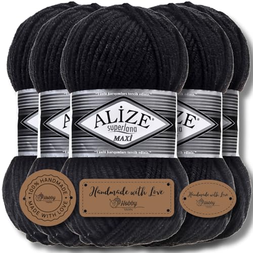 Hobby YARN 3x Etikettenlabel mit Alize Superlana Maxi Wolle Premium 5x100g als Set | Yarn| Garn| Strickgarn Einfarbig Baby zum Häkeln Stricken Kleidung Schals (Black | 60) von Hobby YARN
