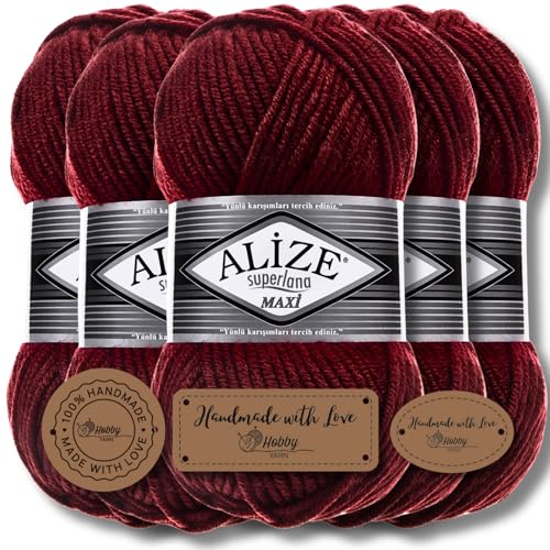 Hobby YARN 3x Etikettenlabel mit Alize Superlana Maxi Wolle Premium 5x100g als Set | Yarn| Garn| Strickgarn Einfarbig Baby zum Häkeln Stricken Kleidung Schals (Bordeaux | 57) von Hobby YARN