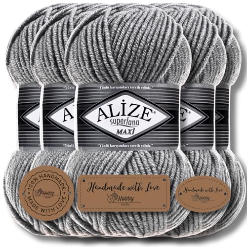 Hobby YARN 3x Etikettenlabel mit Alize Superlana Maxi Wolle Premium 5x100g als Set | Yarn| Garn| Strickgarn Einfarbig Baby zum Häkeln Stricken Kleidung Schals (Coal Grey | 87) von Hobby YARN