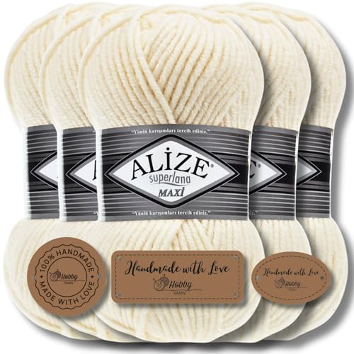 Hobby YARN 3x Etikettenlabel mit Alize Superlana Maxi Wolle Premium 5x100g als Set | Yarn| Garn| Strickgarn Einfarbig Baby zum Häkeln Stricken Kleidung Schals (Cream | 1) von Hobby YARN