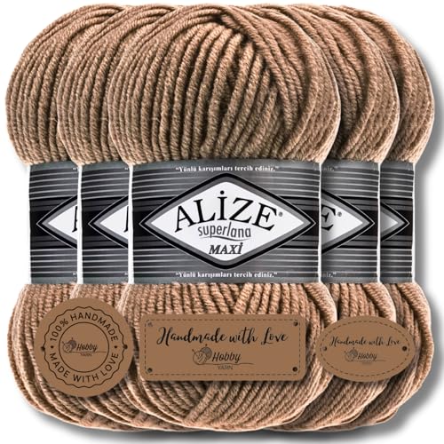 Hobby YARN 3x Etikettenlabel mit Alize Superlana Maxi Wolle Premium 5x100g als Set | Yarn| Garn| Strickgarn Einfarbig Baby zum Häkeln Stricken Kleidung Schals (Dark Beige | 466) von Hobby YARN