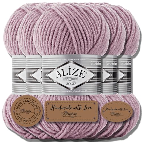 Hobby YARN 3x Etikettenlabel mit Alize Superlana Maxi Wolle Premium 5x100g als Set | Yarn| Garn| Strickgarn Einfarbig Baby zum Häkeln Stricken Kleidung Schals (Dusty Lilac | 505) von Hobby YARN