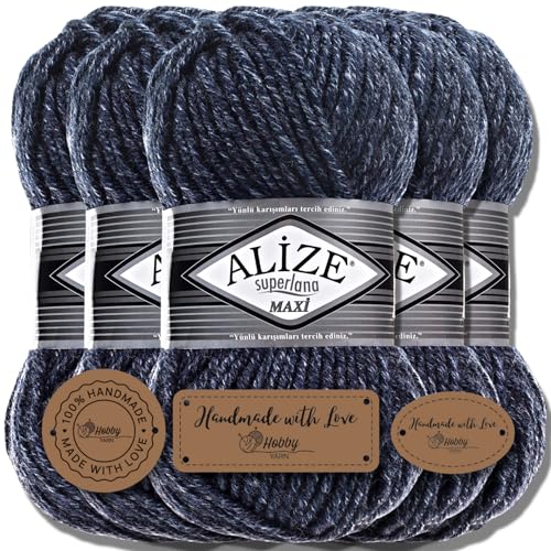 Hobby YARN 3x Etikettenlabel mit Alize Superlana Maxi Wolle Premium 5x100g als Set - Yarn| Garn| Strickgarn Einfarbig Baby zum Häkeln Stricken Kleidung Schals (Jaspe Navy - 805) von Hobby YARN