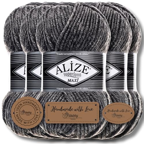 Hobby YARN 3x Etikettenlabel mit Alize Superlana Maxi Wolle Premium 5x100g als Set | Yarn| Garn| Strickgarn Einfarbig Baby zum Häkeln Stricken Kleidung Schals (Medium Grey Melange |182) von Hobby YARN