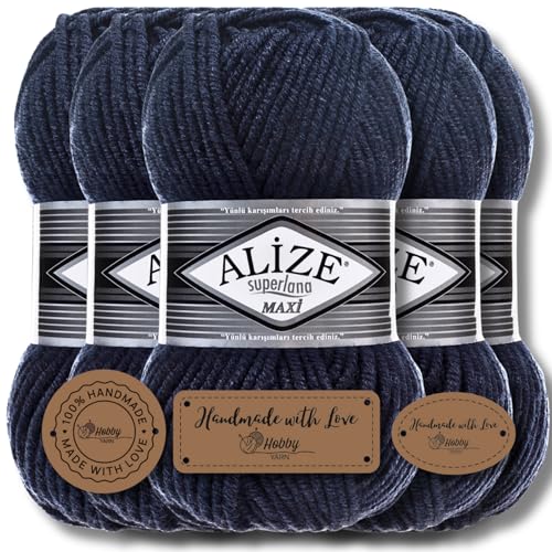Hobby YARN 3x Etikettenlabel mit Alize Superlana Maxi Wolle Premium 5x100g als Set | Yarn| Garn| Strickgarn Einfarbig Baby zum Häkeln Stricken Kleidung Schals (Navy | 58) von Hobby YARN
