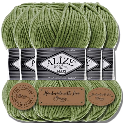Hobby YARN 3x Etikettenlabel mit Alize Superlana Maxi Wolle Premium 5x100g als Set | Yarn| Garn| Strickgarn Einfarbig Baby zum Häkeln Stricken Kleidung Schals (Olive | 620) von Hobby YARN