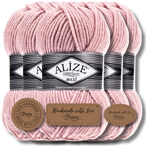 Hobby YARN 3x Etikettenlabel mit Alize Superlana Maxi Wolle Premium 5x100g als Set | Yarn| Garn| Strickgarn Einfarbig Baby zum Häkeln Stricken Kleidung Schals (Powder | 161) von Hobby YARN