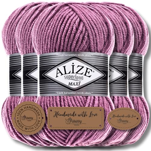 Hobby YARN 3x Etikettenlabel mit Alize Superlana Maxi Wolle Premium 5x100g als Set | Yarn| Garn| Strickgarn Einfarbig Baby zum Häkeln Stricken Kleidung Schals (Rose | 28) von Hobby YARN