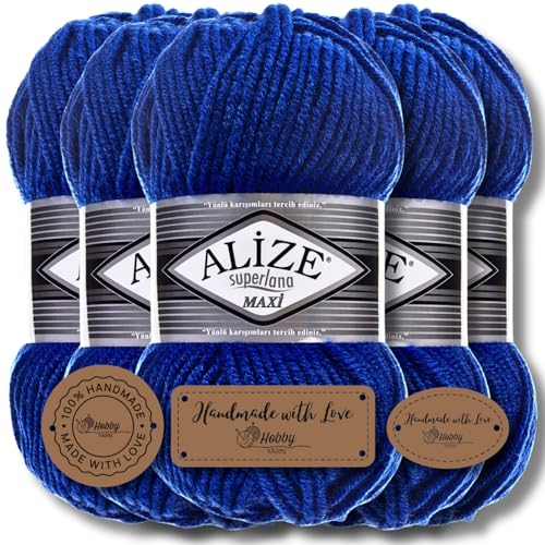 Hobby YARN 3x Etikettenlabel mit Alize Superlana Maxi Wolle Premium 5x100g als Set | Yarn| Garn| Strickgarn Einfarbig Baby zum Häkeln Stricken Kleidung Schals (Royal Blue | 141) von Hobby YARN