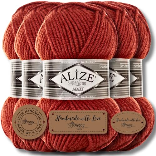 Hobby YARN 3x Etikettenlabel mit Alize Superlana Maxi Wolle Premium 5x100g als Set | Yarn| Garn| Strickgarn Einfarbig Baby zum Häkeln Stricken Kleidung Schals (Terra | 36) von Hobby YARN
