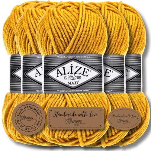 Hobby YARN 3x Etikettenlabel mit Alize Superlana Maxi Wolle Premium 5x100g als Set | Yarn| Garn| Strickgarn Einfarbig Baby zum Häkeln Stricken Kleidung Schals (Yellow | 488) von Hobby YARN