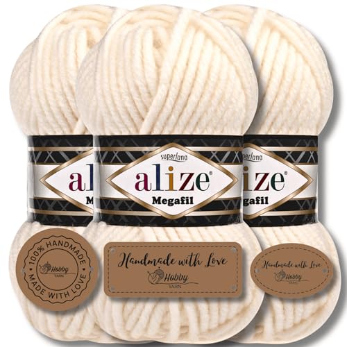 Hobby YARN 3x Etikettenlabel mit Alize Superlana Megafil Wolle Premium 3x100g als Set, Yarn, Garn, dicke Wolle, Strickgarn, Baby, zum Häkeln, Stricken, Kleidung, Schals (Cream - 310) von Hobby YARN
