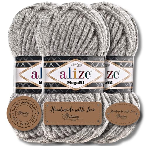 Hobby YARN 3x Etikettenlabel mit Alize Superlana Megafil Wolle Premium 3x100g als Set, Yarn, Garn, dicke Wolle, Strickgarn, Baby, zum Häkeln, Stricken, Kleidung, Schals (Grey Melange - 21) von Hobby YARN
