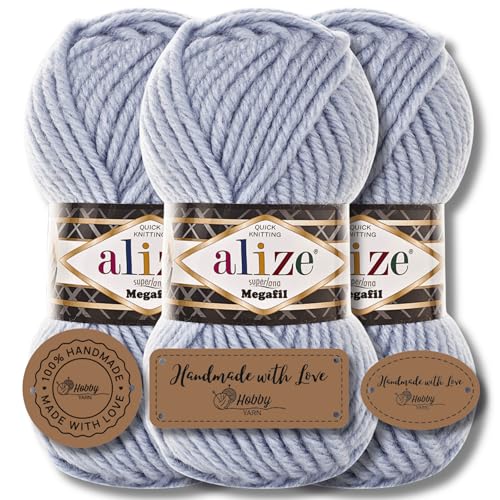 Hobby YARN 3x Etikettenlabel mit Alize Superlana Megafil Wolle Premium 3x100g als Set, Yarn, Garn, dicke Wolle, Strickgarn, Baby, zum Häkeln, Stricken, Kleidung, Schals (Light Blue - 480) von Hobby YARN