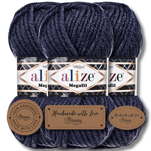 Hobby YARN 3x Etikettenlabel mit Alize Superlana Megafil Wolle Premium 3x100g als Set, Yarn, Garn, dicke Wolle, Strickgarn, Baby, zum Häkeln, Stricken, Kleidung, Schals (Navy - 58) von Hobby YARN