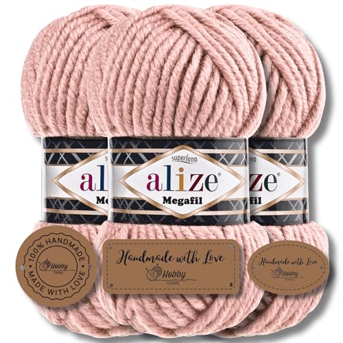 Hobby YARN 3x Etikettenlabel mit Alize Superlana Megafil Wolle Premium 3x100g als Set, Yarn, Garn, dicke Wolle, Strickgarn, Baby, zum Häkeln, Stricken, Kleidung, Schals (Powder Pink - 161) von Hobby YARN