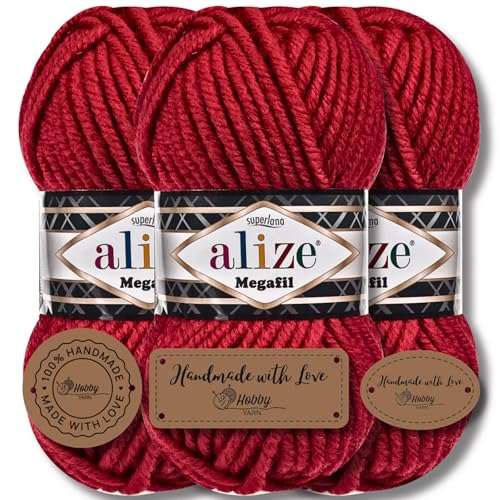 Hobby YARN 3x Etikettenlabel mit Alize Superlana Megafil Wolle Premium 3x100g als Set, Yarn, Garn, dicke Wolle, Strickgarn, Baby, zum Häkeln, Stricken, Kleidung, Schals (Red - 56) von Hobby YARN