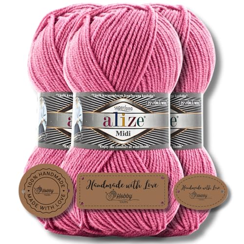 Hobby YARN 3x Etikettenlabel mit Alize Superlana Midi Wolle Premium 3x100g als Set, Yarn, Garn, Strickgarn, Einfarbig, Baby, zum Häkeln, Stricken, Kleidung, Schals (178) von Hobby YARN