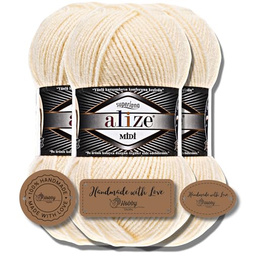 Hobby YARN 3x Etikettenlabel mit Alize Superlana Midi Wolle Premium 3x100g als Set I Yarn | Garn | Strickgarn Einfarbig Baby zum Häkeln Stricken Kleidung Schals (1) von Hobby YARN
