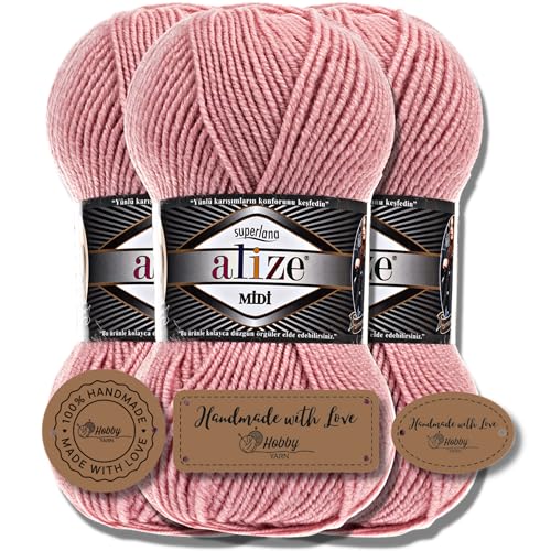 Hobby YARN 3x Etikettenlabel mit Alize Superlana Midi Wolle Premium 3x100g als Set I Yarn | Garn | Strickgarn Einfarbig Baby zum Häkeln Stricken Kleidung Schals (161) von Hobby YARN