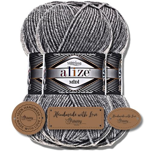 Hobby YARN 3x Etikettenlabel mit Alize Superlana Midi Wolle Premium 3x100g als Set I Yarn | Garn | Strickgarn Einfarbig Baby zum Häkeln Stricken Kleidung Schals (21) von Hobby YARN