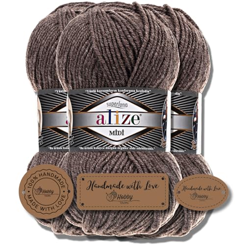 Hobby YARN 3x Etikettenlabel mit Alize Superlana Midi Wolle Premium 3x100g als Set, Yarn, Garn, Strickgarn, Einfarbig, Baby, zum Häkeln, Stricken, Kleidung, Schals (240) von Hobby YARN