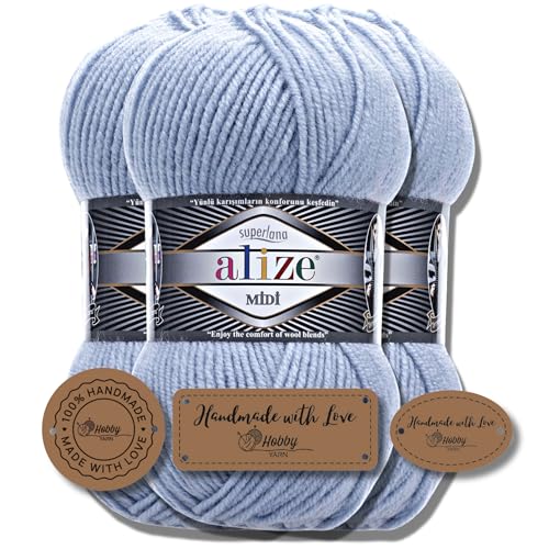 Hobby YARN 3x Etikettenlabel mit Alize Superlana Midi Wolle Premium 3x100g als Set I Yarn | Garn | Strickgarn Einfarbig Baby zum Häkeln Stricken Kleidung Schals (480) von Hobby YARN
