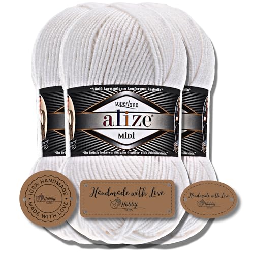 Hobby YARN 3x Etikettenlabel mit Alize Superlana Midi Wolle Premium 3x100g als Set I Yarn | Garn | Strickgarn Einfarbig Baby zum Häkeln Stricken Kleidung Schals (55) von Hobby YARN