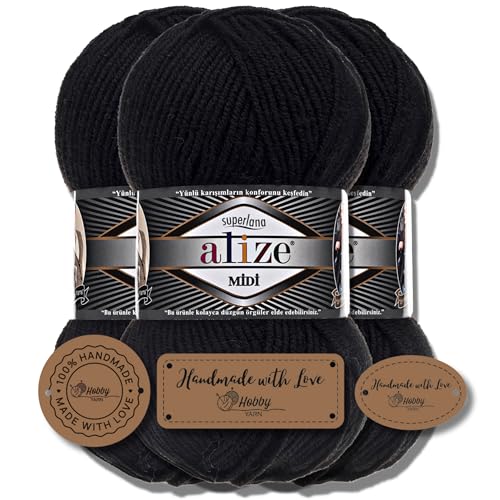Hobby YARN 3x Etikettenlabel mit Alize Superlana Midi Wolle Premium 3x100g als Set I Yarn | Garn | Strickgarn Einfarbig Baby zum Häkeln Stricken Kleidung Schals (60) von Hobby YARN