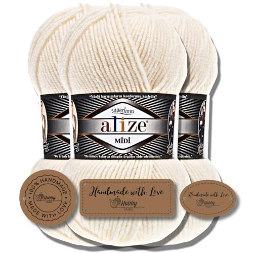 Hobby YARN 3x Etikettenlabel mit Alize Superlana Midi Wolle Premium 3x100g als Set I Yarn | Garn | Strickgarn Einfarbig Baby zum Häkeln Stricken Kleidung Schals (62) von Hobby YARN
