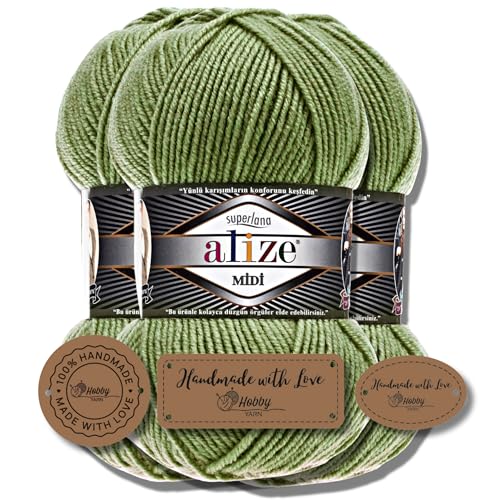 Hobby YARN 3x Etikettenlabel mit Alize Superlana Midi Wolle Premium 3x100g als Set I Yarn | Garn | Strickgarn Einfarbig Baby zum Häkeln Stricken Kleidung Schals (620) von Hobby YARN