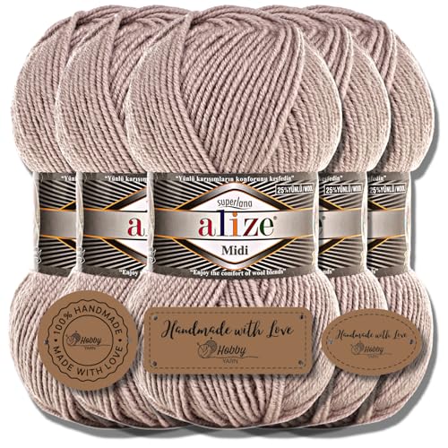 Hobby YARN 3x Etikettenlabel mit Alize Superlana Midi Wolle Premium 5x100g als Set, Yarn, Garn, Strickgarn, Einfarbig, Baby, zum Häkeln, Stricken, Kleidung, Schals (652) von Hobby YARN