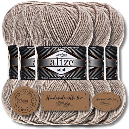 Hobby YARN 3x Etikettenlabel mit Alize Superlana Midi Wolle Premium 5x100g als Set I Yarn | Garn | Strickgarn Einfarbig Baby zum Häkeln Stricken Kleidung Schals (Beige Melange | 152) von Hobby YARN