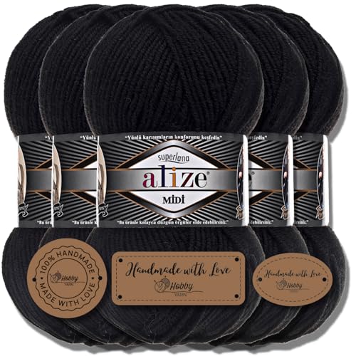 Hobby YARN 3x Etikettenlabel mit Alize Superlana Midi Wolle Premium 5x100g als Set I Yarn | Garn | Strickgarn Einfarbig Baby zum Häkeln Stricken Kleidung Schals (Black | 60) von Hobby YARN