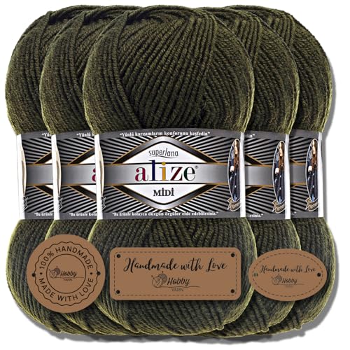 Hobby YARN 3x Etikettenlabel mit Alize Superlana Midi Wolle Premium 5x100g als Set I Yarn | Garn | Strickgarn Einfarbig Baby zum Häkeln Stricken Kleidung Schals (Black Forest | 241) von Hobby YARN