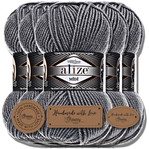 Hobby YARN 3x Etikettenlabel mit Alize Superlana Midi Wolle Premium 5x100g als Set I Yarn | Garn | Strickgarn Einfarbig Baby zum Häkeln Stricken Kleidung Schals (Coal Grey | 87) von Hobby YARN