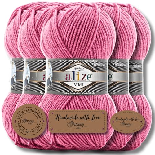 Hobby YARN 3x Etikettenlabel mit Alize Superlana Midi Wolle Premium 5x100g als Set I Yarn | Garn | Strickgarn Einfarbig Baby zum Häkeln Stricken Kleidung Schals (Dark Pink | 178) von Hobby YARN