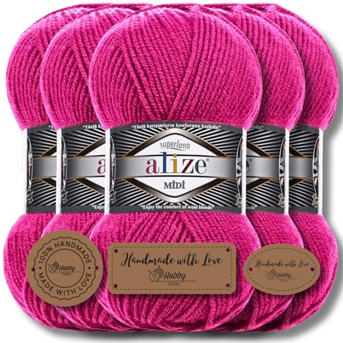 Hobby YARN 3x Etikettenlabel mit Alize Superlana Midi Wolle Premium 5x100g als Set I Yarn | Garn | Strickgarn Einfarbig Baby zum Häkeln Stricken Kleidung Schals (Fuchsia | 149) von Hobby YARN
