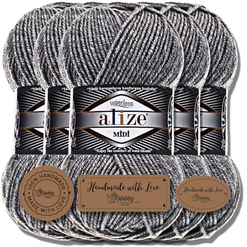 Hobby YARN 3x Etikettenlabel mit Alize Superlana Midi Wolle Premium 5x100g als Set I Yarn | Garn | Strickgarn Einfarbig Baby zum Häkeln Stricken Kleidung Schals (Grey Melange | 21) von Hobby YARN