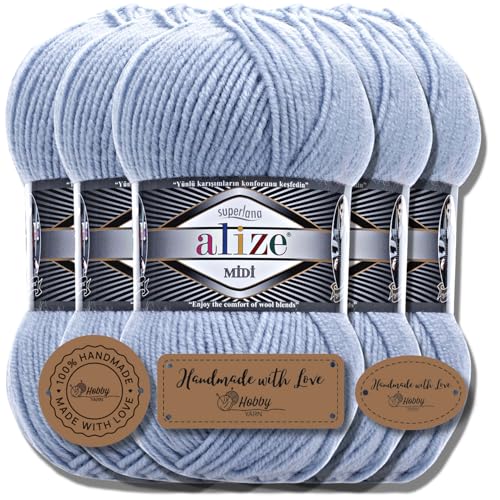 Hobby YARN 3x Etikettenlabel mit Alize Superlana Midi Wolle Premium 5x100g als Set I Yarn | Garn | Strickgarn Einfarbig Baby zum Häkeln Stricken Kleidung Schals (Light Blue | 480) von Hobby YARN