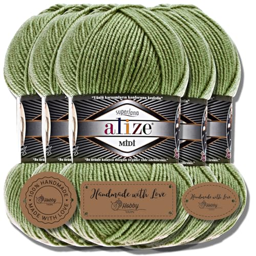 Hobby YARN 3x Etikettenlabel mit Alize Superlana Midi Wolle Premium 5x100g als Set I Yarn | Garn | Strickgarn Einfarbig Baby zum Häkeln Stricken Kleidung Schals (Olive | 620) von Hobby YARN