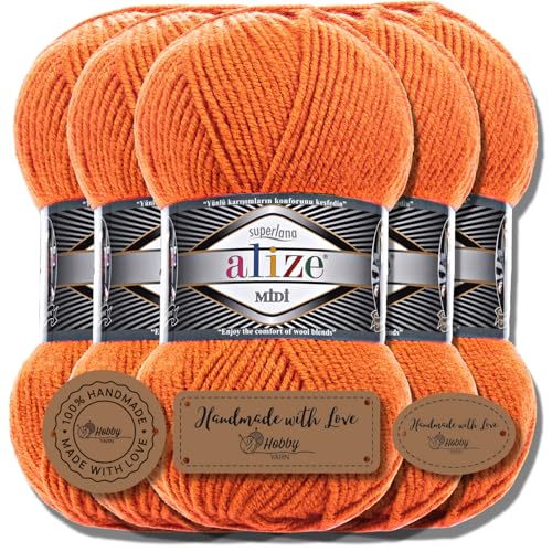 Hobby YARN 3x Etikettenlabel mit Alize Superlana Midi Wolle Premium 5x100g als Set, Yarn, Garn, Strickgarn, Einfarbig, Baby, zum Häkeln, Stricken, Kleidung, Schals (Orange | 225) von Hobby YARN