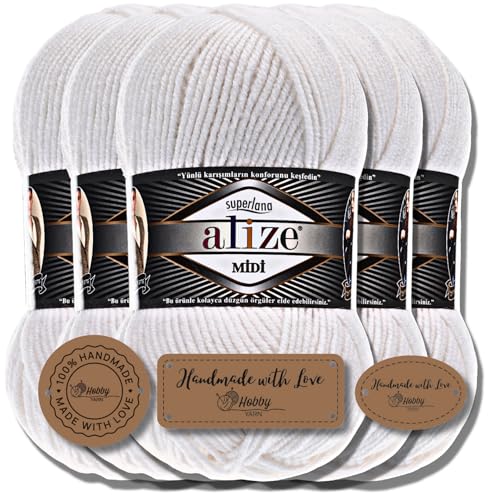 Hobby YARN 3x Etikettenlabel mit Alize Superlana Midi Wolle Premium 5x100g als Set I Yarn | Garn | Strickgarn Einfarbig Baby zum Häkeln Stricken Kleidung Schals (White | 55) von Hobby YARN