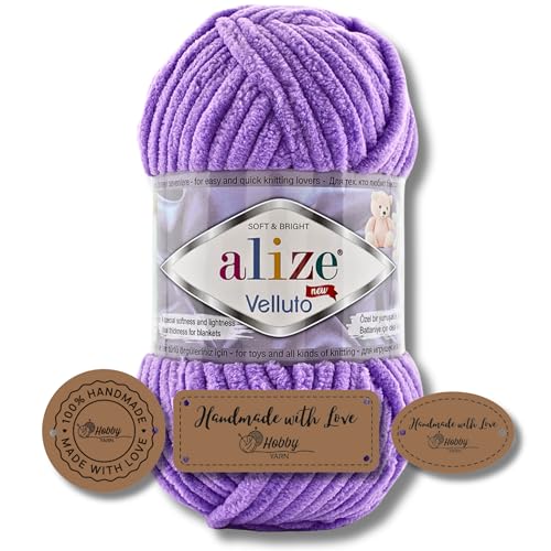 Hobby YARN 3x Etikettenlabel mit Alize Velluto Wolle Premium 1x100g als Set, Dicke Wolle zum Häkeln (43) von Hobby YARN