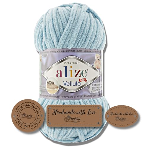 Hobby YARN 3x Etikettenlabel mit Alize Velluto Wolle Premium 1x100g als Set | Dicke Wolle zum Häkeln (Azure | 414) von Hobby YARN
