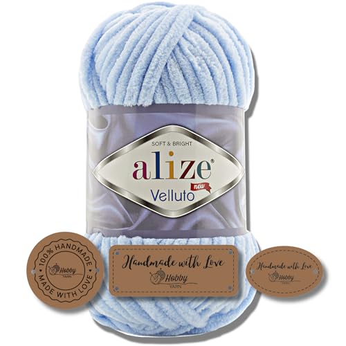 Hobby YARN 3x Etikettenlabel mit Alize Velluto Wolle Premium 1x100g als Set | Dicke Wolle zum Häkeln (Baby Blue | 218) von Hobby YARN