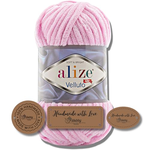 Hobby YARN 3x Etikettenlabel mit Alize Velluto Wolle Premium 1x100g als Set | Dicke Wolle zum Häkeln (Baby Pink | 31) von Hobby YARN