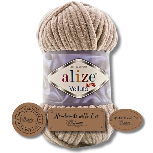 Hobby YARN 3x Etikettenlabel mit Alize Velluto Wolle Premium 1x100g als Set | Dicke Wolle zum Häkeln (Beige | 530) von Hobby YARN