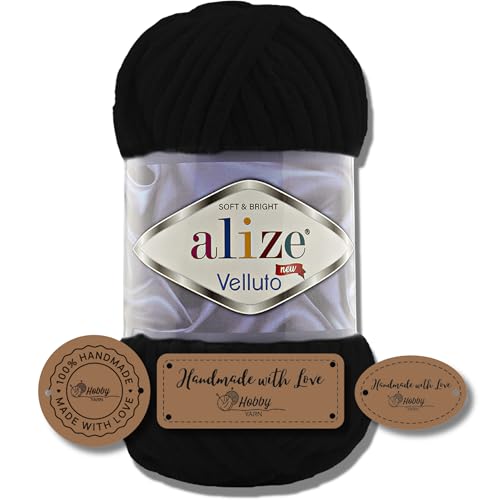 Hobby YARN 3x Etikettenlabel mit Alize Velluto Wolle Premium 1x100g als Set | Dicke Wolle zum Häkeln (Black | 60) von Hobby YARN