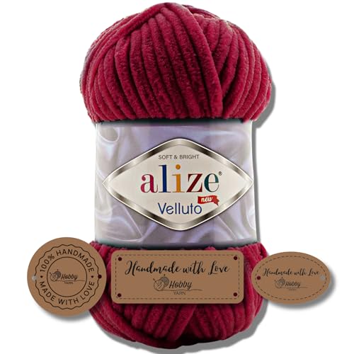 Hobby YARN 3x Etikettenlabel mit Alize Velluto Wolle Premium 1x100g als Set | Dicke Wolle zum Häkeln (Cherry | 107) von Hobby YARN